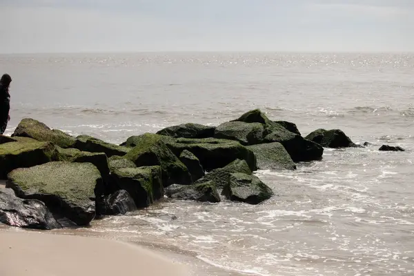 Bu, suya uzanan bir iskelenin resmi. Dalgalar etrafa köpük saçıyor. Körfezden çıkan büyük siyah kayaların üzerinde yeşil yosun yetişiyor..