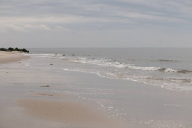 Bu plajın güzel bir gününün görüntüsü. Dalgaların yumuşak akıntıları kıyıya vurmaya geliyor, her geçişte kumu dışarı taşıyor. Bulutlar gökyüzüne yayıldı..