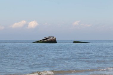 Bu, New Jersey Burnu 'ndaki Sunset sahilindeki batık geminin resmi. Okyanustan çıkan paslı metal gövde. Kahverengi gemi sahil kuşları için bir yaşam alanı değildir..