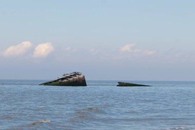 Bu, New Jersey Burnu 'ndaki Sunset sahilindeki batık geminin resmi. Okyanustan çıkan paslı metal gövde. Kahverengi tekne sahil kuşları için bir yaşam alanı değildir. Dalgaların her çarpışmada sahili öptüğü görülüyor..