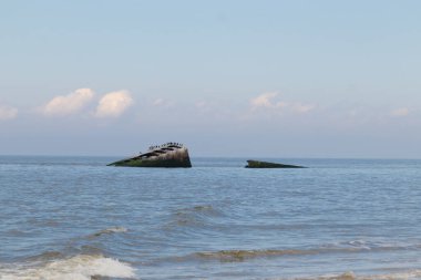 Bu, New Jersey Burnu 'ndaki Sunset sahilindeki batık geminin resmi. Okyanustan çıkan paslı metal gövde. Kahverengi tekne sahil kuşları için bir yaşam alanı değildir. Dalgaların her çarpışmada sahili öptüğü görülüyor..
