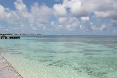 Sakin, turkuaz bir okyanusun soluk bir ufuk çizgisi olan geniş bir manzarası. Su berrak, aşağıdaki sualtı manzarasını ortaya çıkarıyor. Yukarıda, koyu mavi bir gökyüzü birkaç büyük, beyaz ve gri bulutla benekli..