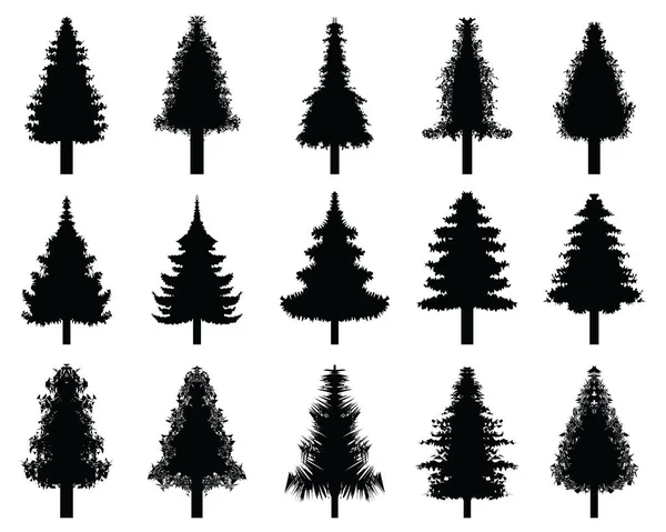 Schwarze Silhouetten Von Weihnachtsbaum Ikonen Auf Weißem Hintergrund — Stockvektor