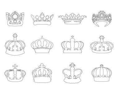 Black illustrations of different crowns on white background