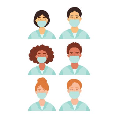 Doktorlar üniformalı avatarlar. Vektör düz stil Asyalı, Afrikalı ve Avrupalı erkek ve kadın