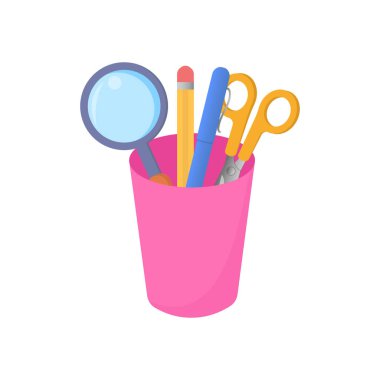 Kalem tutacağı. Kalem, kalem, makas ve büyüteçle plastik bardak.. 