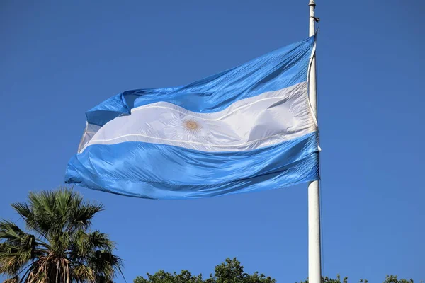 Argentinsk Flagga Vinkar Mot Blå Himmel Högkvalitativt Foto — Stockfoto