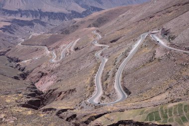 Şili 'den Purmamarca' ya giden yol. Puna Dağları 'nın doğal manzarası. Arjantin - Kasım 2022. Yüksek kalite fotoğraf