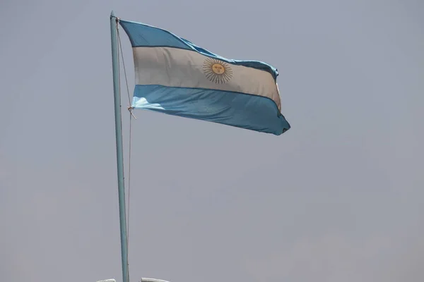 アルゼンチンの国旗が灰色の空に向かって手を振っている 高品質の写真 — ストック写真