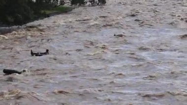 Piracicaba river torrential brown waters. Brown waters. People floating at Piracicaba river torrential waters