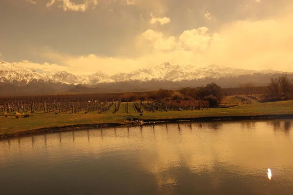And Dağları 'nın manzarası ve Arjantin' in Mendoza bölgesindeki bir göldeki yansıması. Yüksek kalite fotoğraf