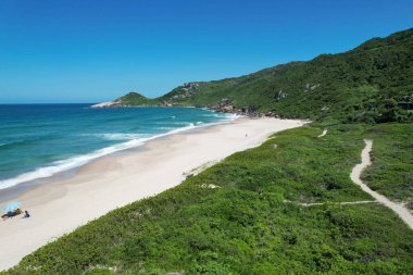 Köstebek sahili hava manzarası, Florianopolis Adası, Santa Catarina. Yüksek kalite fotoğraf. Arka planda Conceicao Gölü.