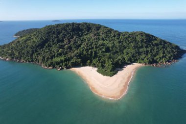 Prumirim Adası 'nın Ubatuba, Brezilya' daki hava fotoğrafları güneşli bir günde çekildi. Görüntüler açık gökyüzünü, yemyeşil bitki örtüsünü, altın kumlu plajları ve yeşil renkli okyanus sularını gösteriyor.. 
