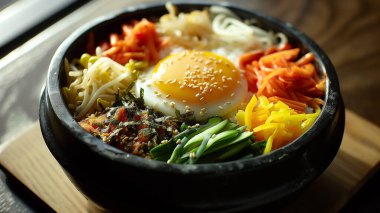 Bowl of food with a fried egg and vegetables. The bowl is black and sits on a wooden table clipart