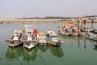 Gyeonggi-do, Güney Kore - 07 Kasım 2022 Gungpyeong Limanı, bir grup tekne rıhtıma yanaştı. Teknelerin boyutları ve renkleri farklı.