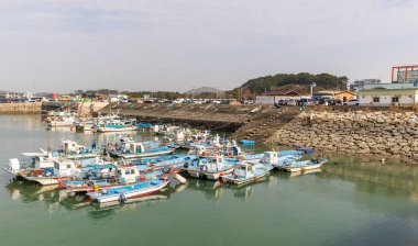 Gyeonggi-do, Güney Kore - 07 Kasım 2022 Gungpyeong Limanı, bir grup tekne rıhtıma yanaştı. Teknelerin boyutları ve renkleri farklı.
