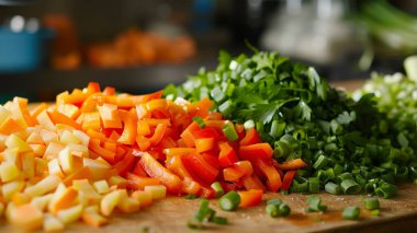 Kesme tahtasına kesilmiş sebze yığını. Sebzeler havuç, biber ve soğan içeriyor. Bu görüntü yapay zeka tarafından oluşturulmuş..
