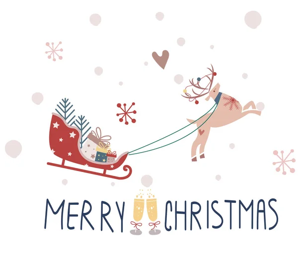 Año Nuevo Conjunto Feliz Navidad Ilustraciones Muñeco Nieve Abeto Trineo — Vector de stock