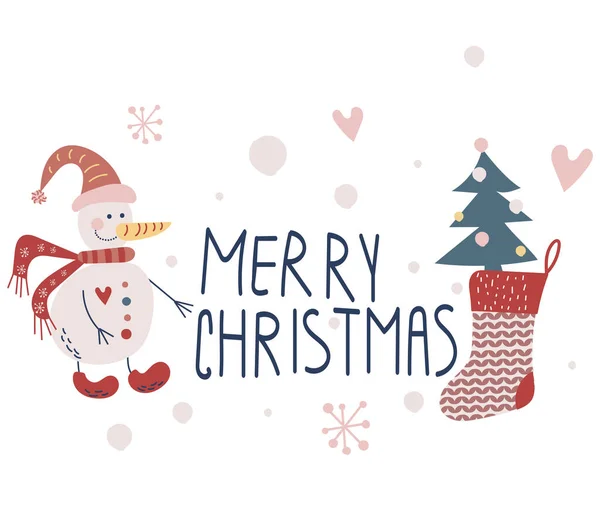 Año Nuevo Conjunto Feliz Navidad Ilustraciones Muñeco Nieve Abeto Liebre — Vector de stock