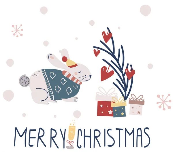 Año Nuevo Conjunto Ilustraciones Navidad Feliz Muñeco Nieve Abeto Liebre — Vector de stock