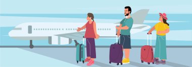 Düz illüstrasyon. İnsanlar bavullarıyla seyahat edip uçağı bekliyor. 