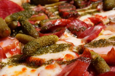 İtalyan pizzası, biber, turşu, salam ve salam. Pişmiş.