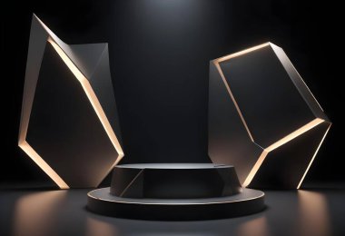 Ürün için fütürist stil simetrik podyum koyu arkaplan ışığı