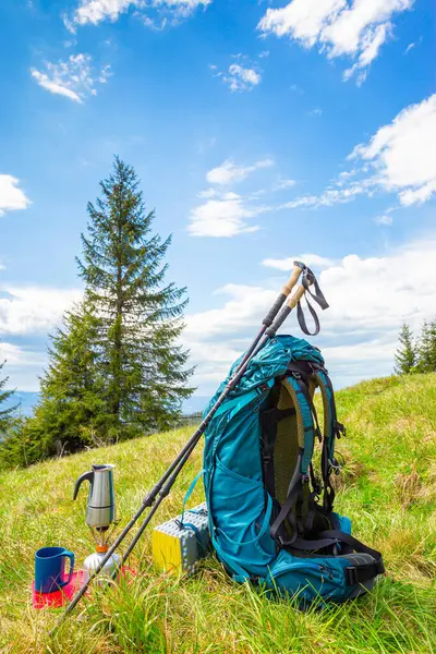 stock image Hiking in the mountains with a backpack.