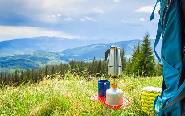 stock image Hiking in the mountains with a backpack.