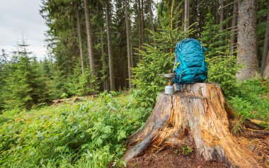 Sırt çantasıyla dağlarda yürüyüş.