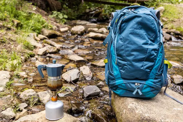 stock image Hiking in the mountains with a backpack.