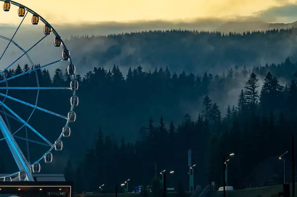 stock image Ferris wheel with beautiful illumination at night. Night landscape attraction in Bukovel.