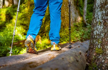 Yürüyen sopalarla dağlarda yürüyüş, güzel manzaralar.