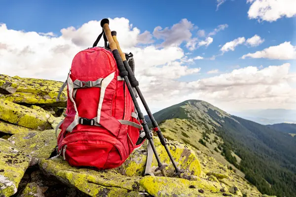 stock image Hiking high in the mountains with a backpack