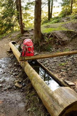 Yazın sırt çantasıyla dağlarda yürüyüş..