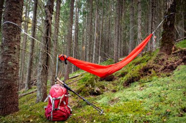 Summer hiking in the mountains with a hammock in a pine forest. clipart