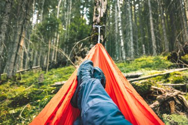 Yaz yürüyüşü dağlarda Çam ormanında bir hamakla.