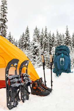 Kar ayakkabıları ve çadırla kış ormanında kamp yapmak..