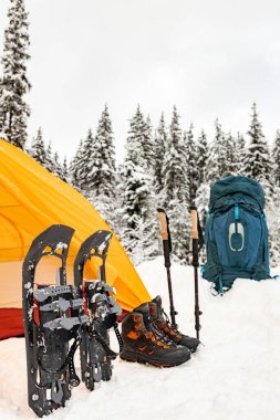 Kar ayakkabıları ve çadırla kış ormanında kamp yapmak..