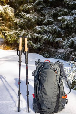 Sırt çantasıyla bahar yürüyüşü ve dağ sırtı boyunca yürüyüş direkleri.