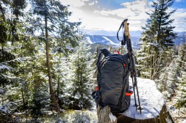 Sırt çantasıyla bahar yürüyüşü ve dağ sırtı boyunca yürüyüş direkleri.