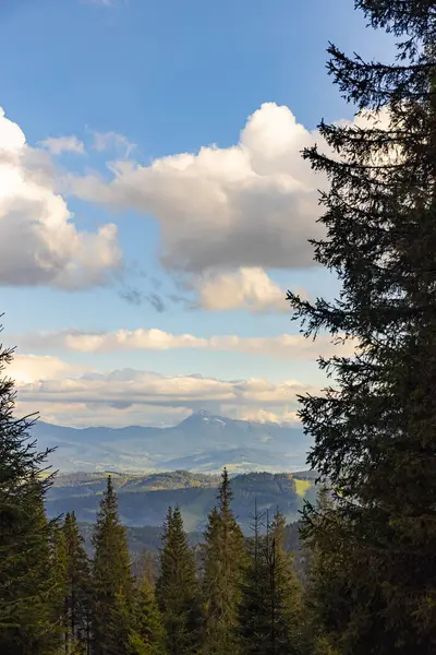 Dağların en güzel manzarası, güneşli bir günde bulutlu gökyüzü..