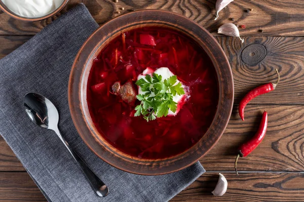 Ukrainischer Roter Borschtsch Mit Rote Bete Tomate Und Fleisch — Stockfoto