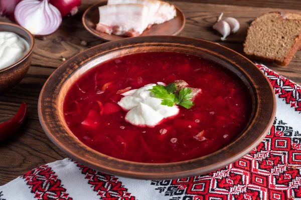 Borscht Vermelho Ucraniano Com Tomate Beterraba Carne — Fotografia de Stock