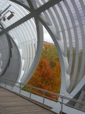 Etrafı turuncu ağaçlarla çevrili metal boru şeklinde bir köprü.