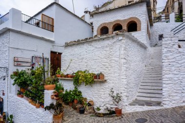 Cozy corner with white painted walls and flower pots in a town in the Alpujarra of Granada