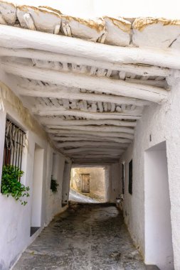 Granada Alpujarra 'da beyaz duvarları ve ahşap çatısı olan tipik bir kasaba.
