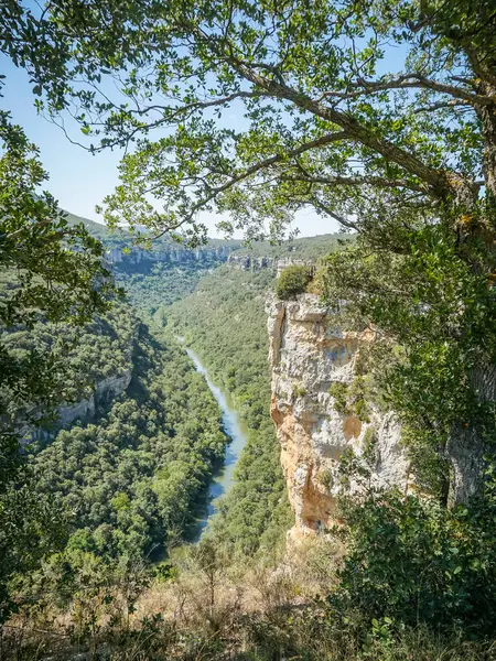 Ebro Kanyonu 'nun bakış açısını düşünen bir kadın. Burası Hoces del Alto Ebro ve Rudrn Doğal Parkı denen koruma altındaki doğal alanın bir parçası.