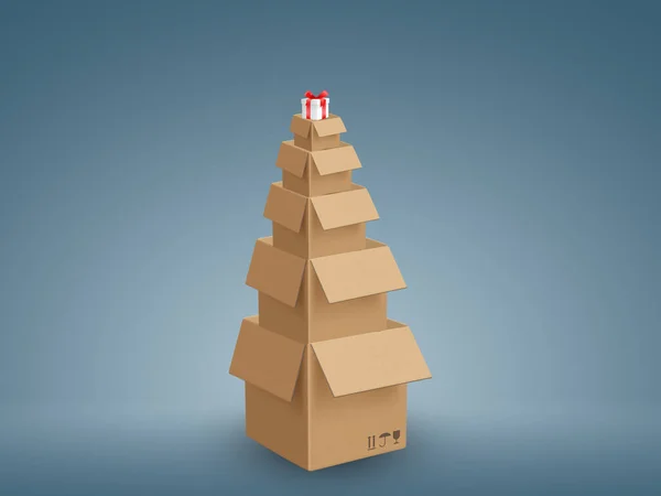 Empilement Boîtes Carton Brun Avec Cadeau Noël Sur Fond Bleu — Photo