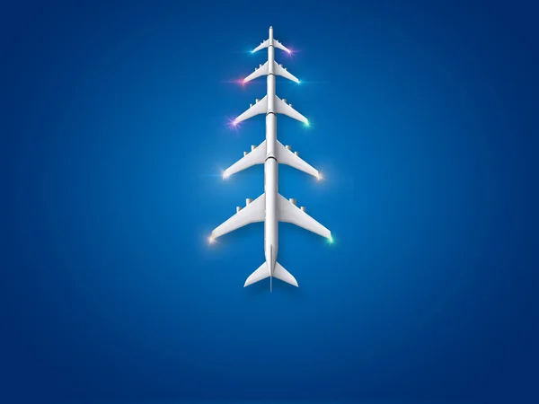 Choinka Wykonana Pięciu Samolotów Niebieskim Tle Szczęśliwych Wakacji Szczęśliwego Nowego — Zdjęcie stockowe